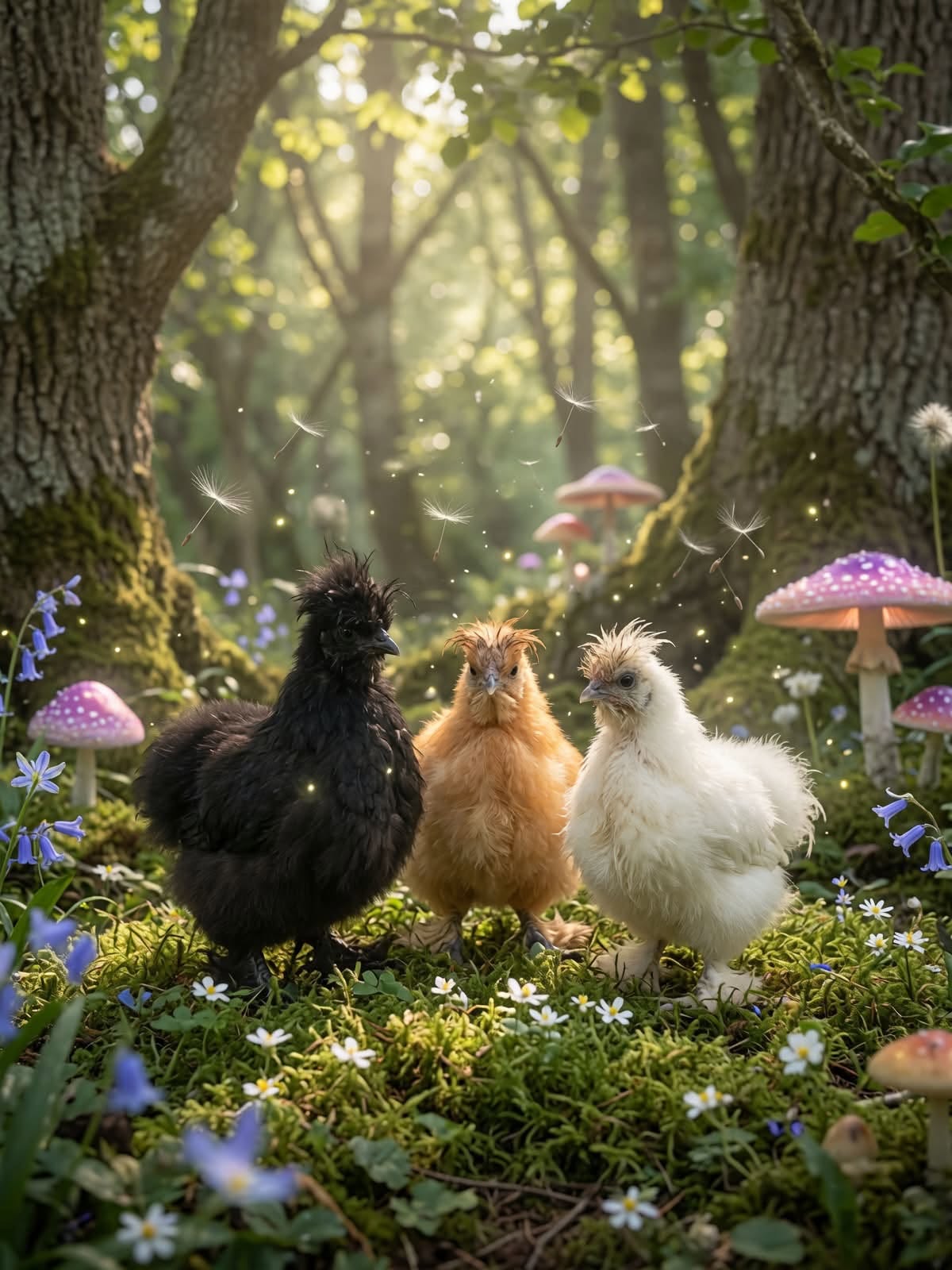 Three magical Silkie chicks in an enchanted forest